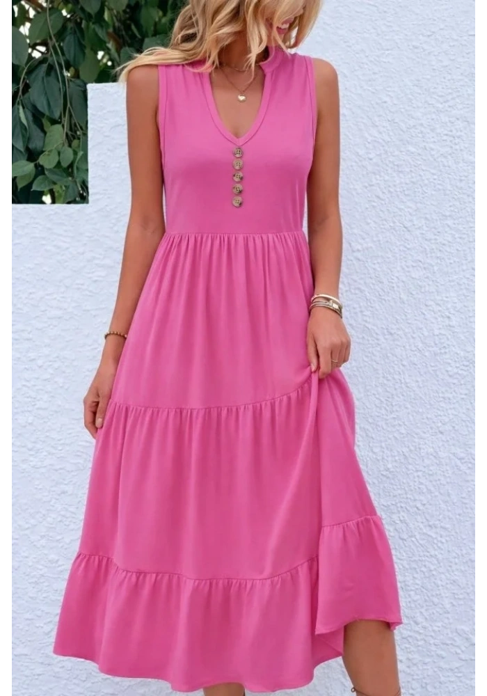 Kadın Askılı V Yakalı önden Düğmeli Midi Viskon Elbise