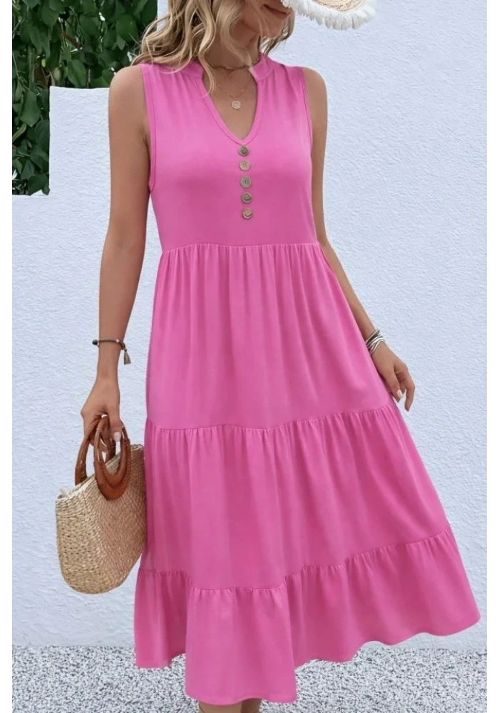 Kadın Askılı V Yakalı önden Düğmeli Midi Viskon Elbise