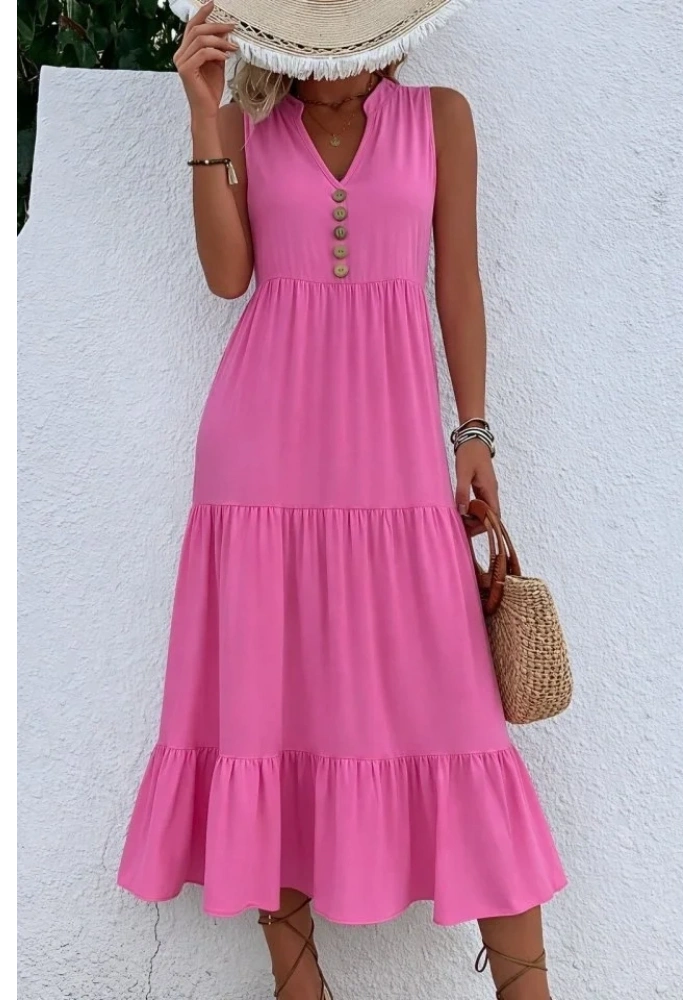 Kadın Askılı V Yakalı önden Düğmeli Midi Viskon Elbise