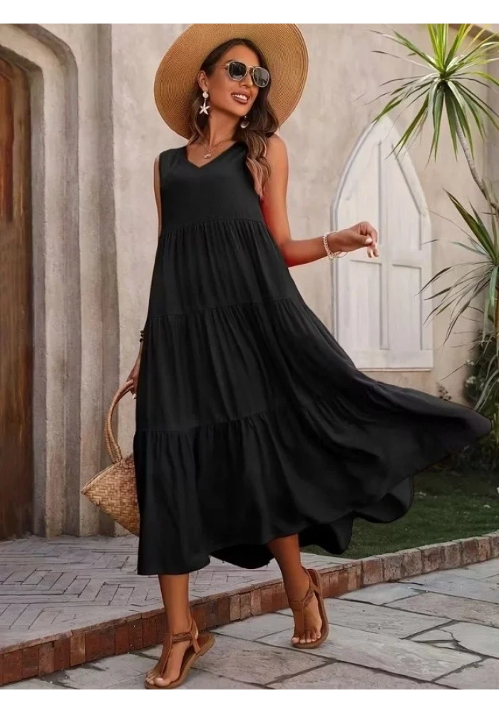 Kadın Askılı V Yakalı Uzun Dokuma Viskon Elbise