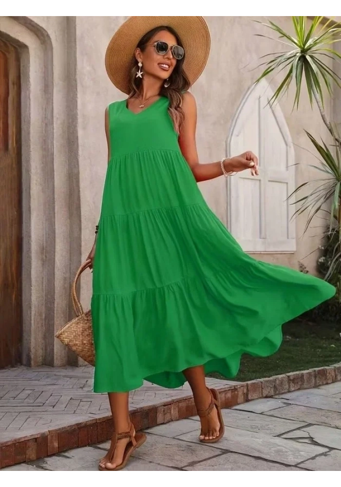 Kadın Askılı V Yakalı Uzun Dokuma Viskon Elbise