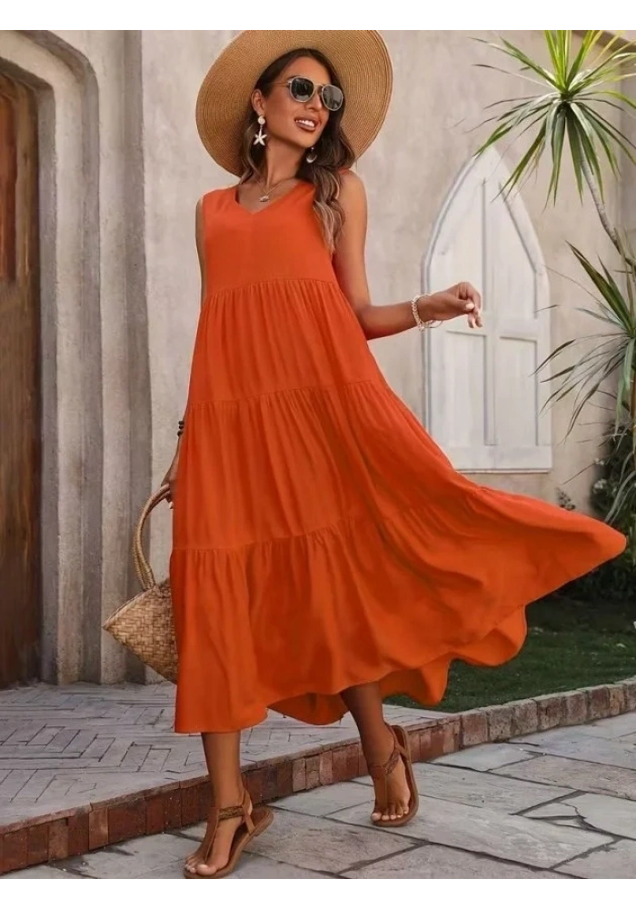 Kadın Askılı V Yakalı Uzun Dokuma Viskon Elbise