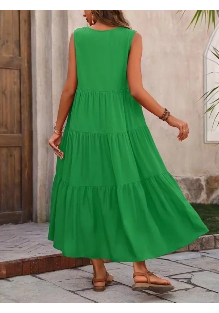 Kadın Askılı V Yakalı Uzun Dokuma Viskon Elbise