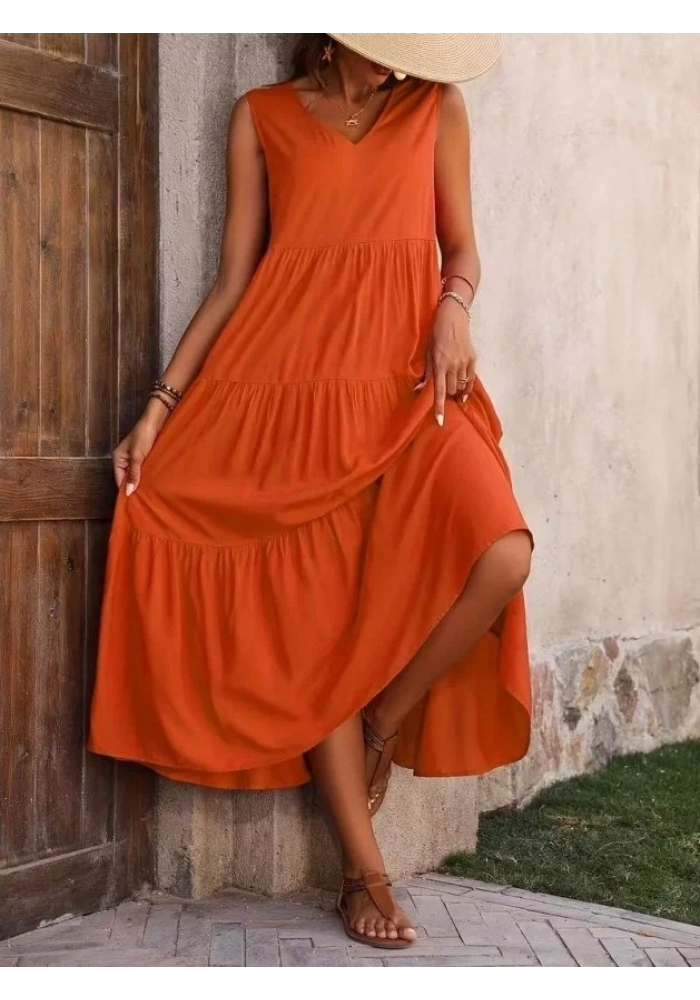 Kadın Askılı V Yakalı Uzun Dokuma Viskon Elbise