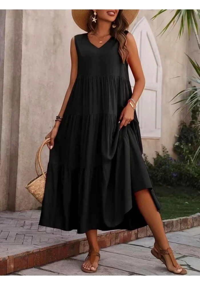 Kadın Askılı V Yakalı Uzun Dokuma Viskon Elbise