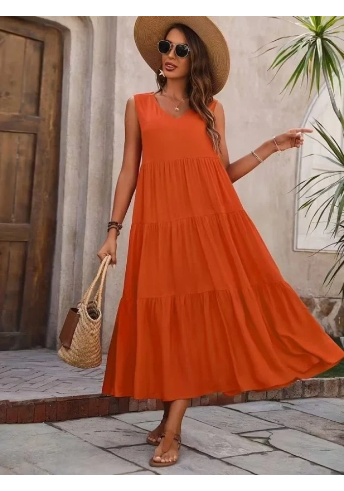 Kadın Askılı V Yakalı Uzun Dokuma Viskon Elbise