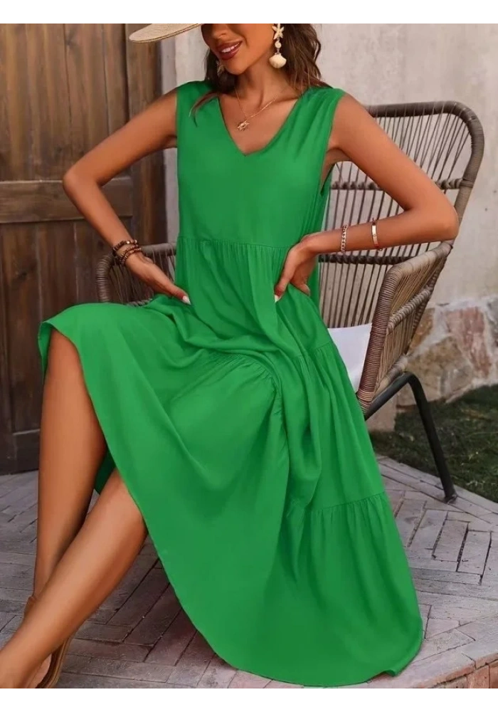 Kadın Askılı V Yakalı Uzun Dokuma Viskon Elbise