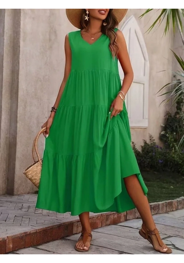 Kadın Askılı V Yakalı Uzun Dokuma Viskon Elbise