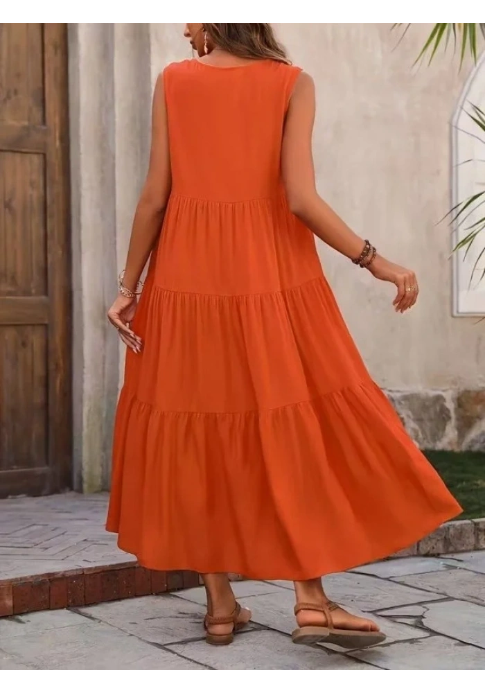 Kadın Askılı V Yakalı Uzun Dokuma Viskon Elbise