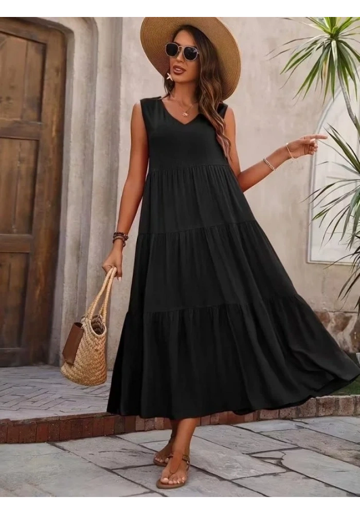 Kadın Askılı V Yakalı Uzun Dokuma Viskon Elbise