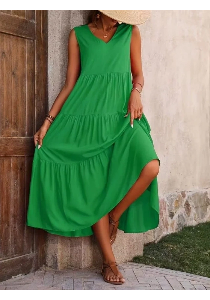 Kadın Askılı V Yakalı Uzun Dokuma Viskon Elbise