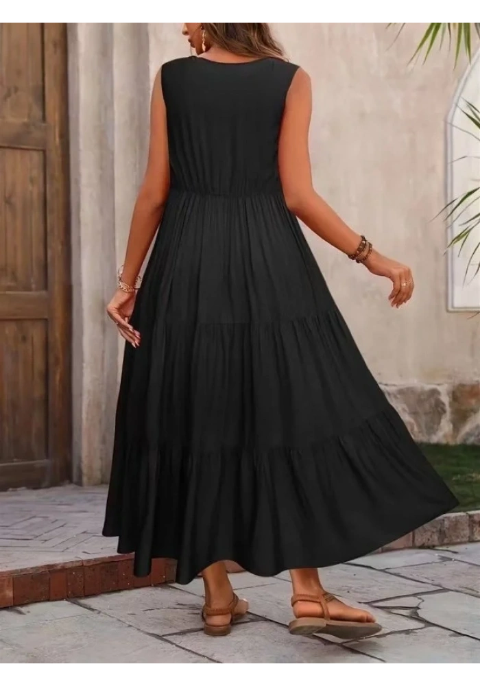 Kadın Askılı V Yakalı Uzun Dokuma Viskon Elbise