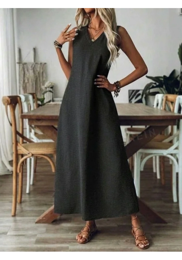 Kadın Askılı V Yakalı Uzun Elbise