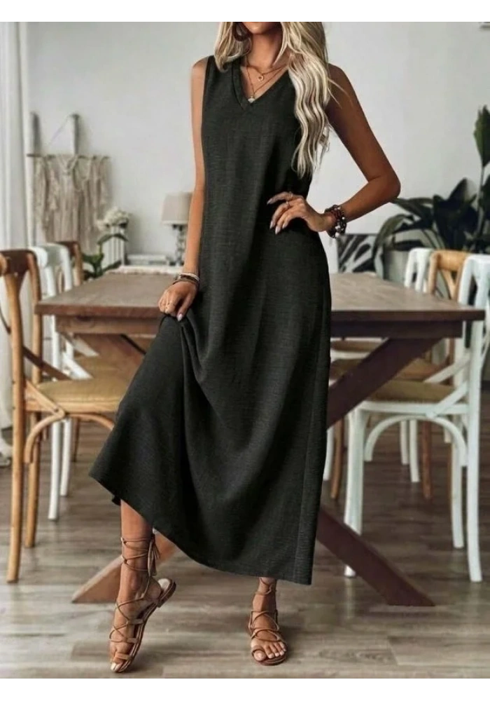 Kadın Askılı V Yakalı Uzun Elbise