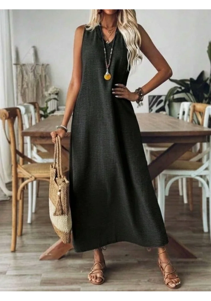 Kadın Askılı V Yakalı Uzun Elbise