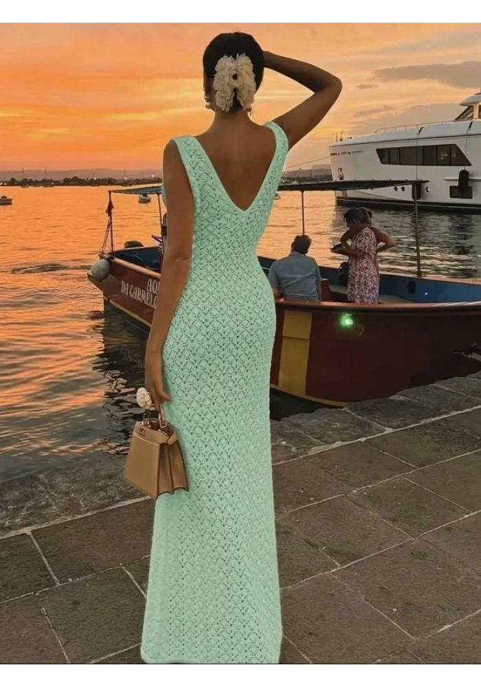 Kadın Askılı V Yakalı Uzun Triko Elbise