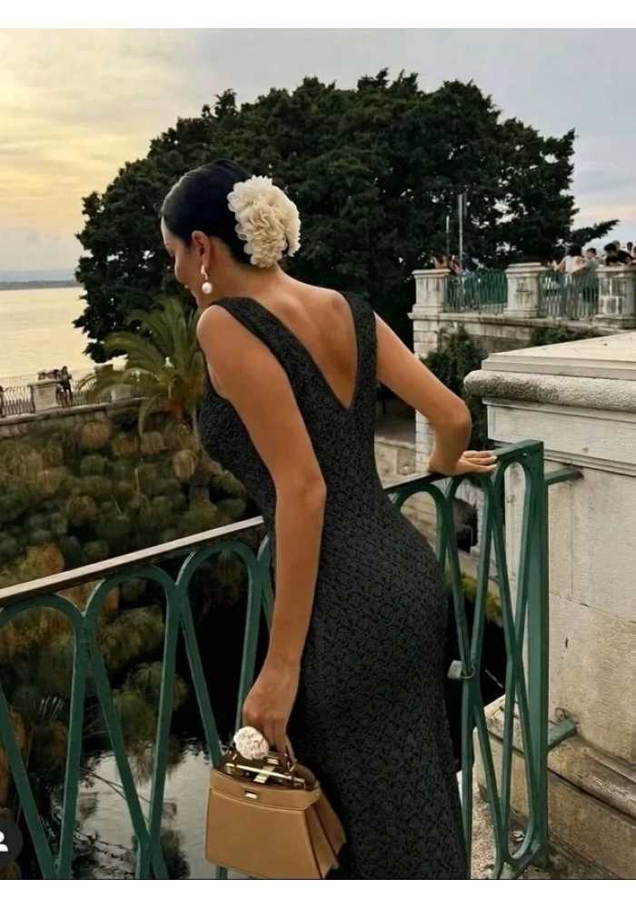 Kadın Askılı V Yakalı Uzun Triko Elbise