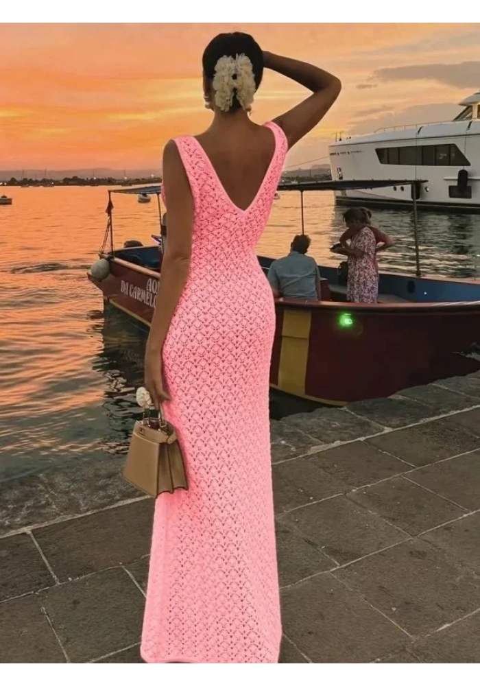 Kadın Askılı V Yakalı Uzun Triko Elbise