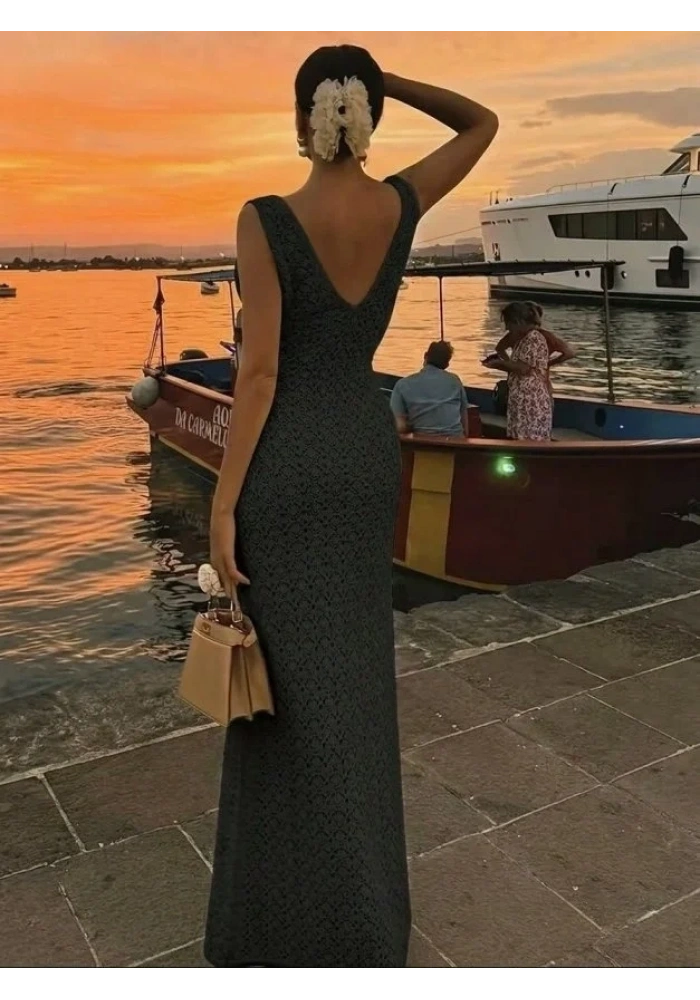 Kadın Askılı V Yakalı Uzun Triko Elbise