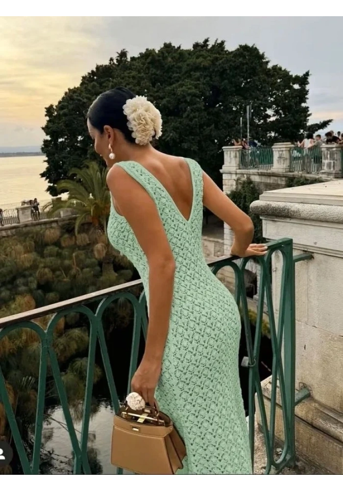 Kadın Askılı V Yakalı Uzun Triko Elbise
