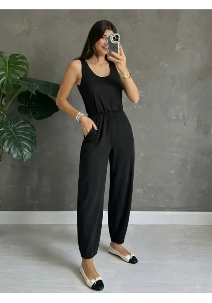 Kadın Askılı Yuvarlak Yakalı Cepli Viskon Tulum