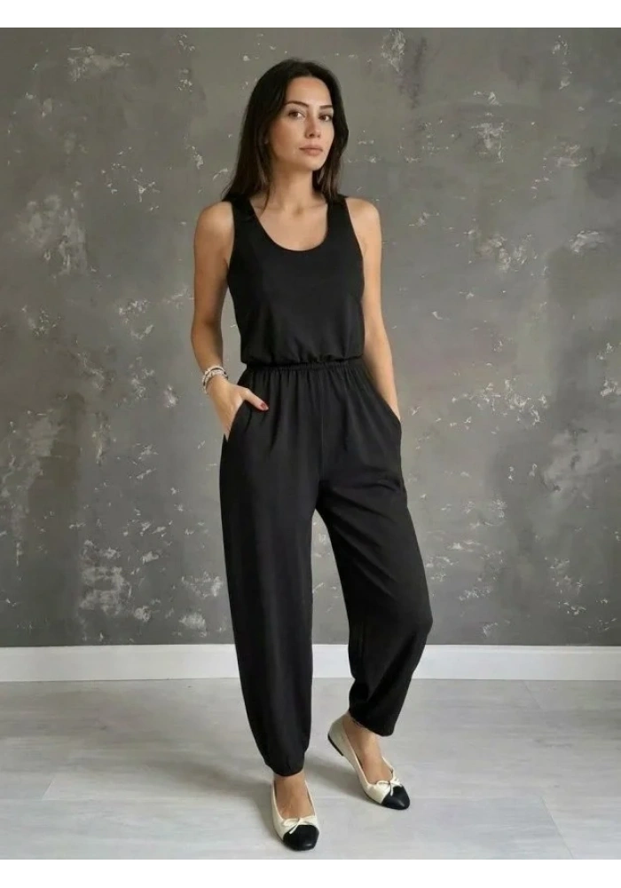 Kadın Askılı Yuvarlak Yakalı Cepli Viskon Tulum