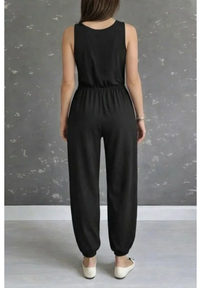 Kadın Askılı Yuvarlak Yakalı Cepli Viskon Tulum