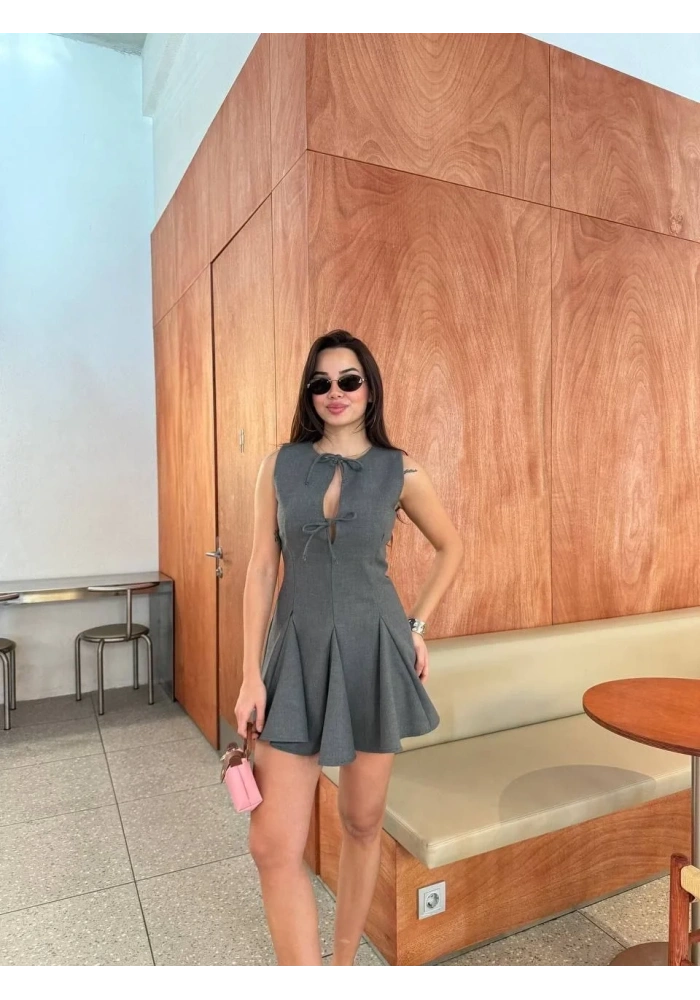 Kadın Bağcık detaylı Kolsuz Mini Elbise - Antrasit