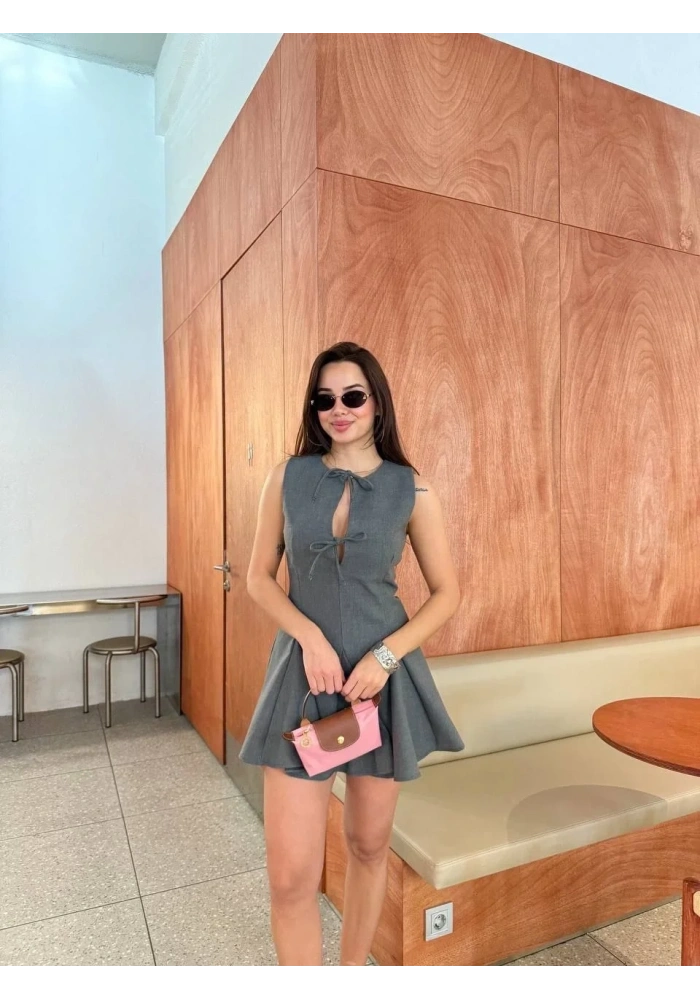 Kadın Bağcık detaylı Kolsuz Mini Elbise - Antrasit