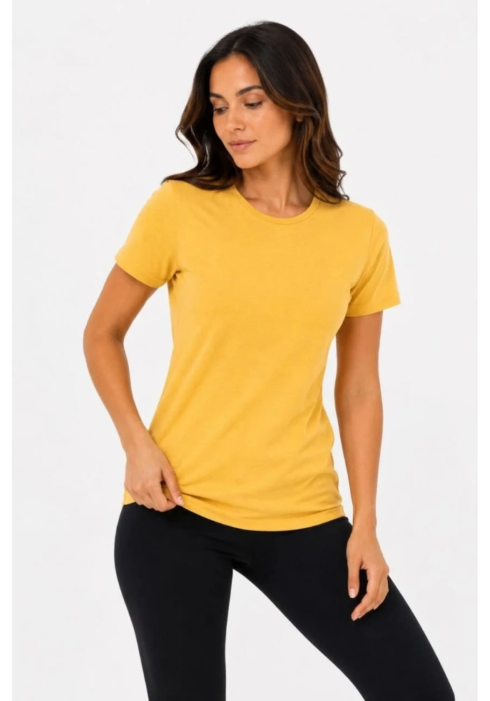Kadın Basic Bisiklet Yaka Yazlık Slim fit T-Shirt - Mavi & Hardal Sarısı
