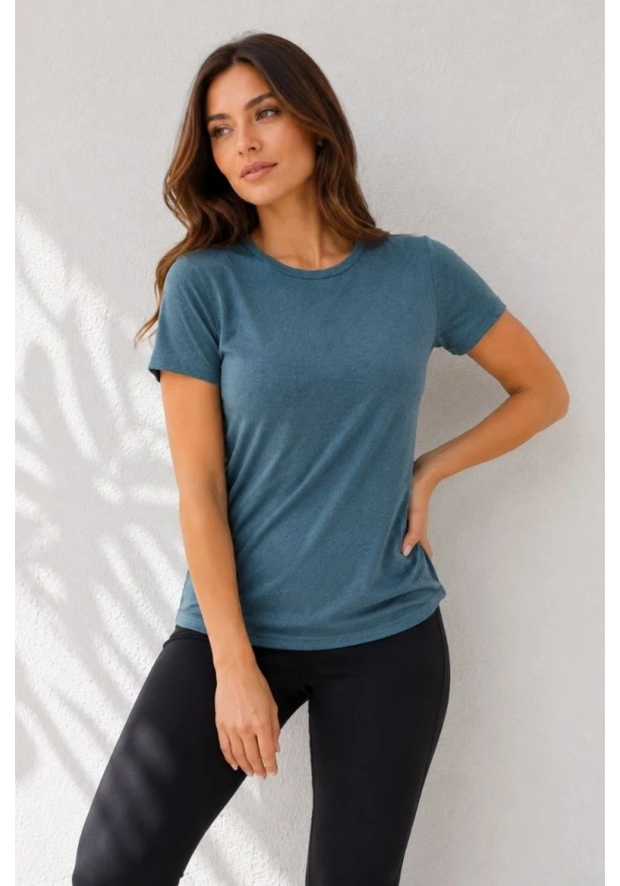 Kadın Basic Bisiklet Yaka Yazlık Slim fit T-Shirt - Mor & Petrol Mavisi