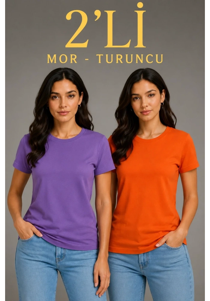 Kadın Basic Bisiklet Yaka Yazlık Slim fit T-Shirt - Mor  & Turuncu