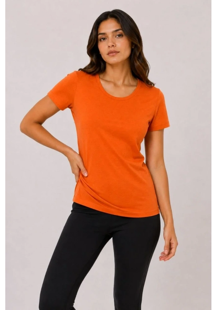 Kadın Basic Bisiklet Yaka Yazlık Slim fit T-Shirt - Mor  & Turuncu