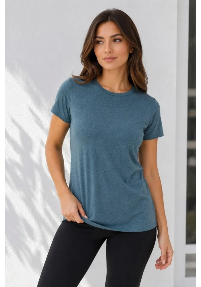Kadın Basic Bisiklet Yaka Yazlık Slim fit T-Shirt - Pudra Pembe & Petrol Mavi