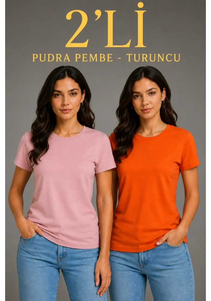 Kadın Basic Bisiklet Yaka Yazlık Slim fit T-Shirt - Pudra Pembe & Turuncu