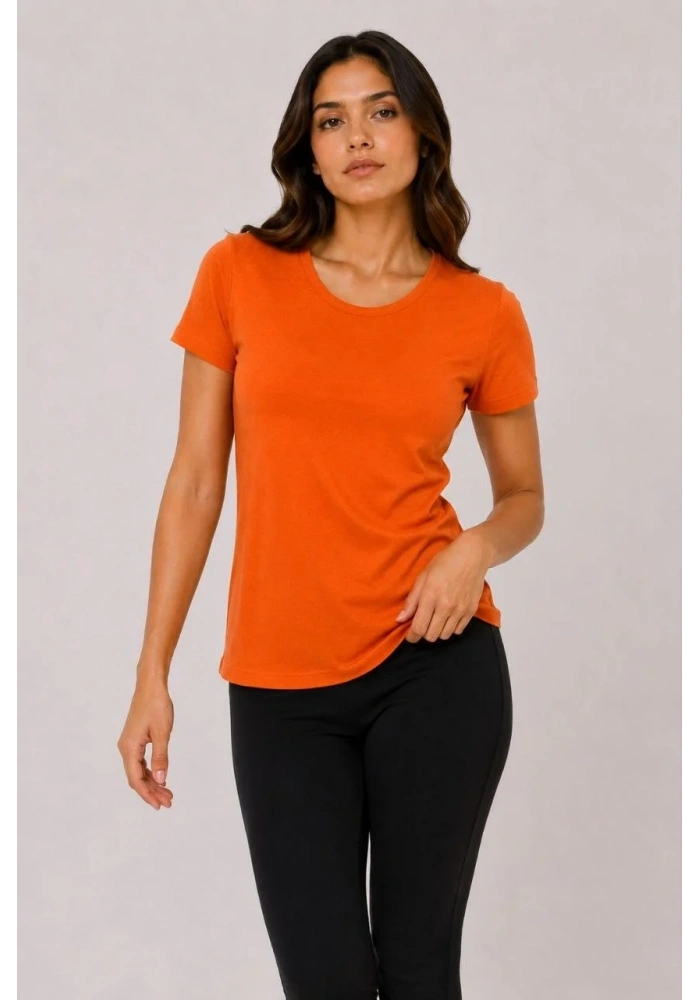 Kadın Basic Bisiklet Yaka Yazlık Slim fit T-Shirt - Pudra Pembe & Turuncu