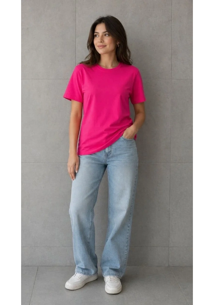 Kadın Basic Pamuklu Tişört Bisiklet Yaka Düz Renk Relaxed Fit T-Shirt - Fuşya