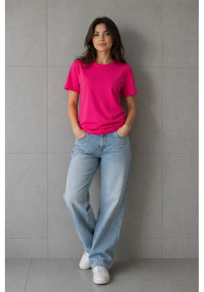 Kadın Basic Pamuklu Tişört Bisiklet Yaka Düz Renk Relaxed Fit T-Shirt - Fuşya