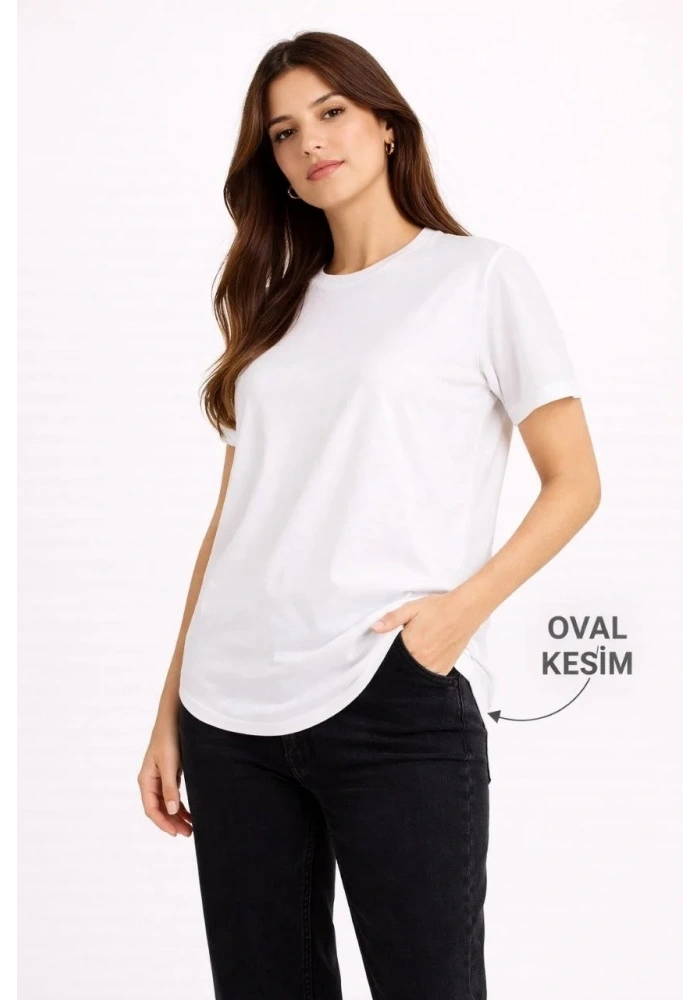 Kadın Basic T-Shirt Kısa Kol Bisiklet Yaka Oval Kesim Tişört - Beyaz
