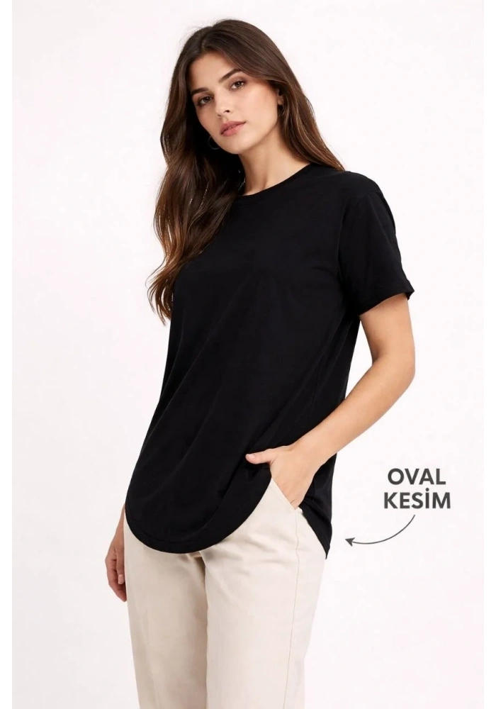 Kadın Basic T-Shirt Kısa Kol Bisiklet Yaka Oval Kesim Tişört - Siyah