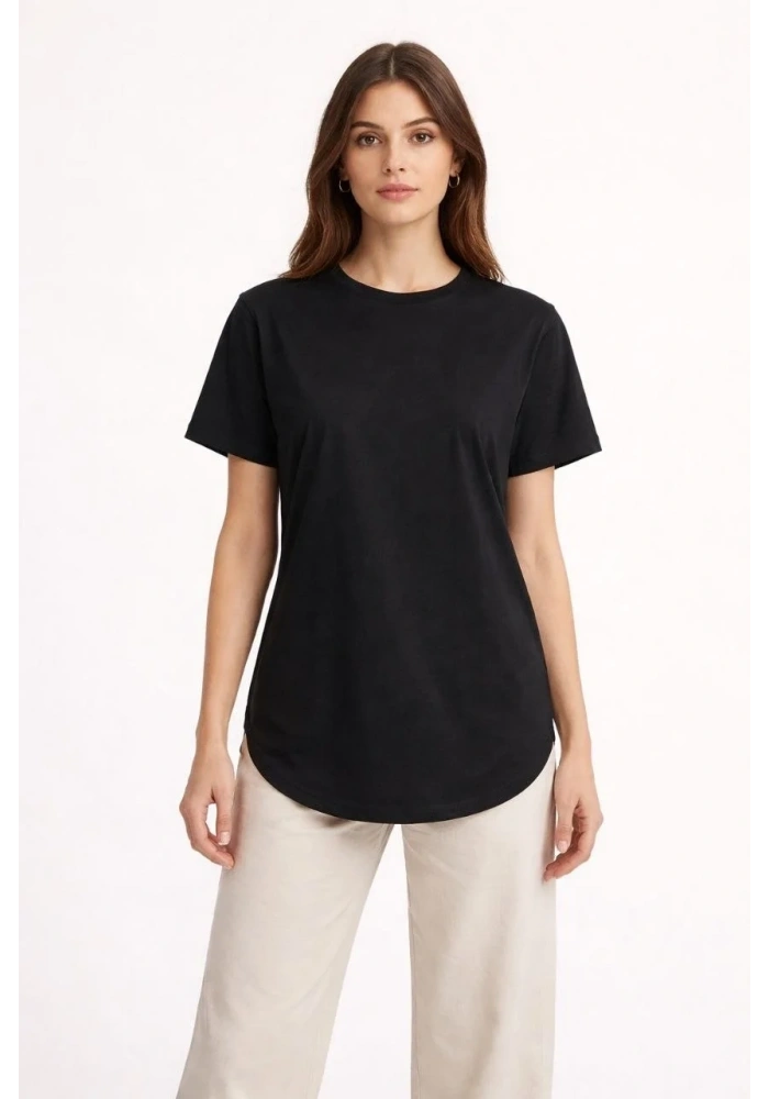 Kadın Basic T-Shirt Kısa Kol Bisiklet Yaka Oval Kesim Tişört - Siyah
