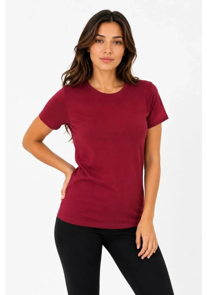 Kadın Basic Tişört Bisiklet Yaka Kısa Kol Günlük Yazlık Slim fit T-Shirt - Bordo