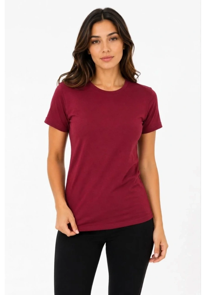 Kadın Basic Tişört Bisiklet Yaka Kısa Kol Günlük Yazlık Slim fit T-Shirt - Bordo