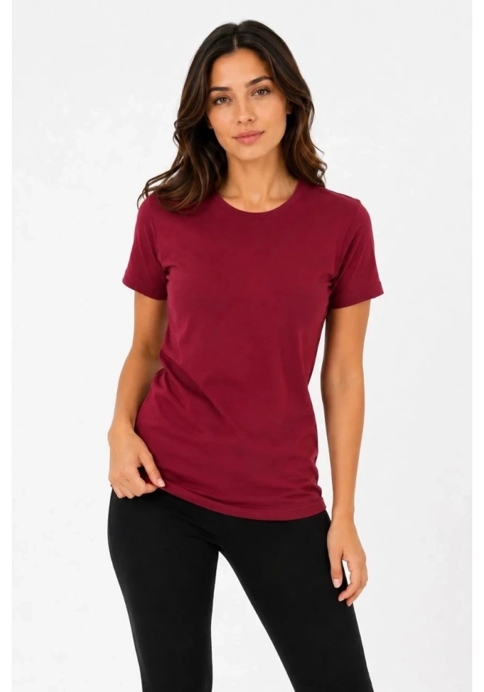 Kadın Basic Tişört Bisiklet Yaka Kısa Kol Günlük Yazlık Slim fit T-Shirt - Bordo