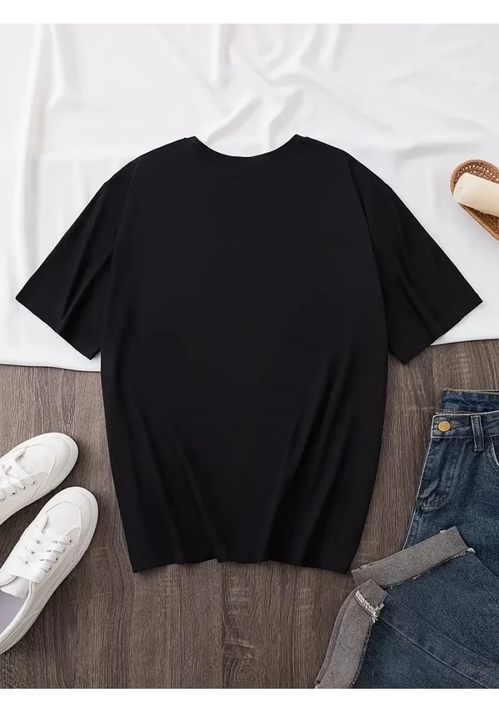 Kadın Kısa Kol Yazlık Tişört Bisiklet Yaka Baskılı Oversize T-Shirt - Siyah