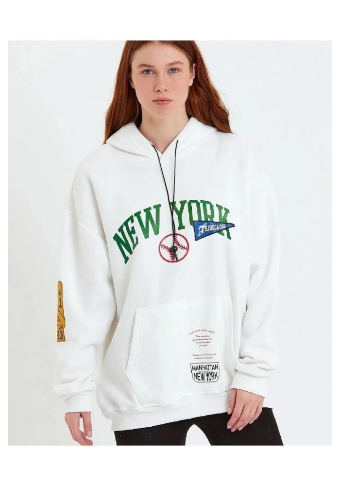 Kadın Baskılı Kapüşonlu Sweatshirt - Beyaz