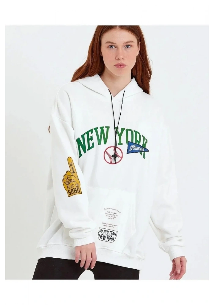 Kadın Baskılı Kapüşonlu Sweatshirt - Beyaz