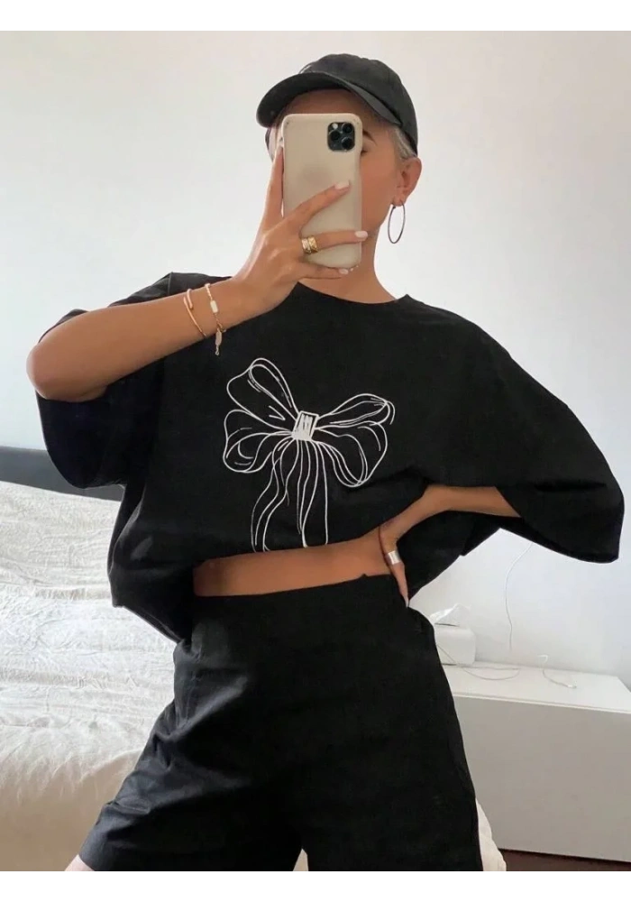 Kadın Fiyonk Baskılı T-Shirt Kısa Kol Bisiklet Yaka Oversize Tişört - Siyah