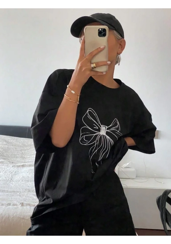 Kadın Fiyonk Baskılı T-Shirt Kısa Kol Bisiklet Yaka Oversize Tişört - Siyah