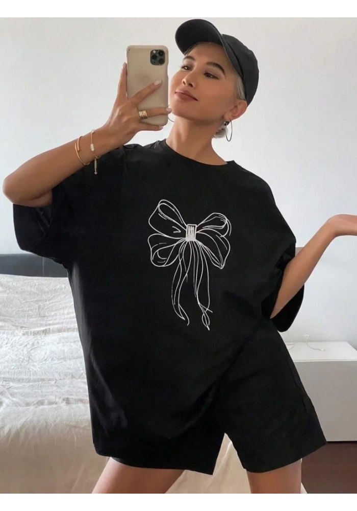 Kadın Fiyonk Baskılı T-Shirt Kısa Kol Bisiklet Yaka Oversize Tişört - Siyah